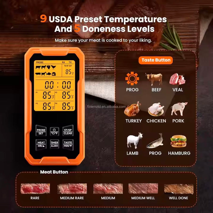 Wireless Meat Thermometer, With 4 Probes